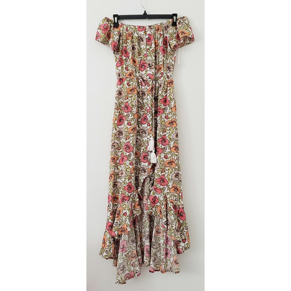 ABEL THE LABEL coral pink floral Off-shoulder boho summer ruffle hem maxi dress